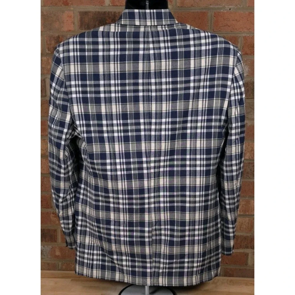 Chaps Mens Blue White Plaid Sport Coat Jacket 100% Cotton Blazer Size 40R